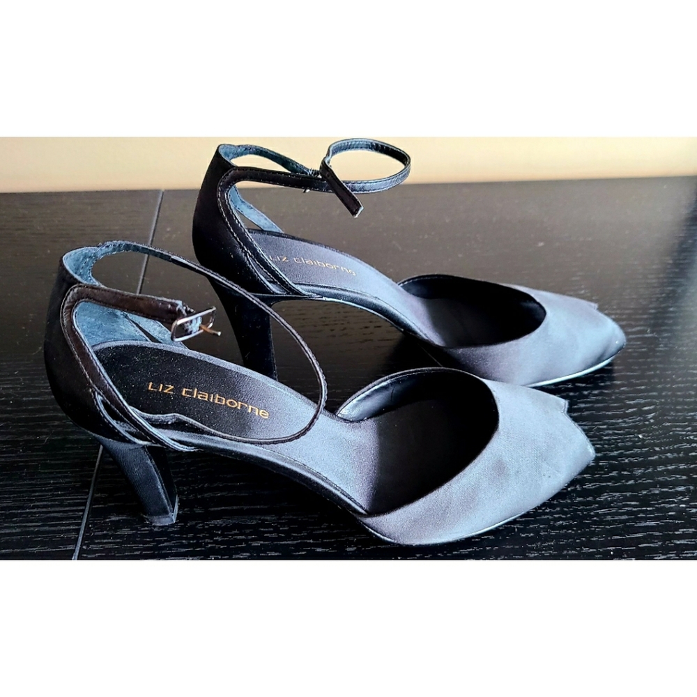 Liz Claiborne Satin Black Open Toe Pumps